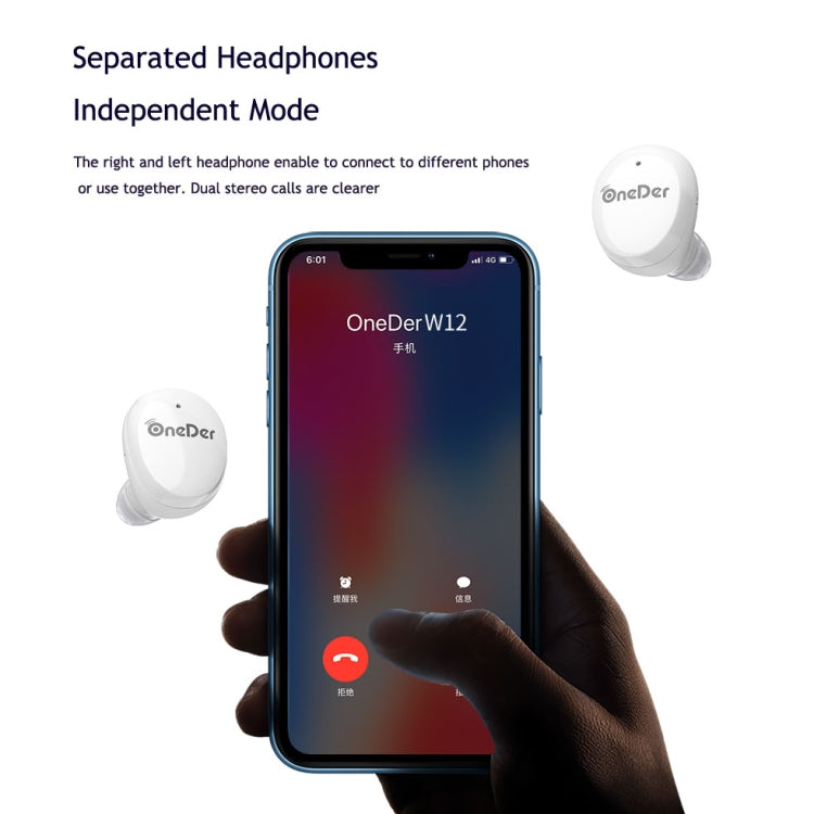 OneDer W12 Wireless Earphone with Waterproof IPX5 HD Stereo Sound TWS Bluetooth Earphone(White) - TWS Earphone by OneDer | Online Shopping UK | buy2fix