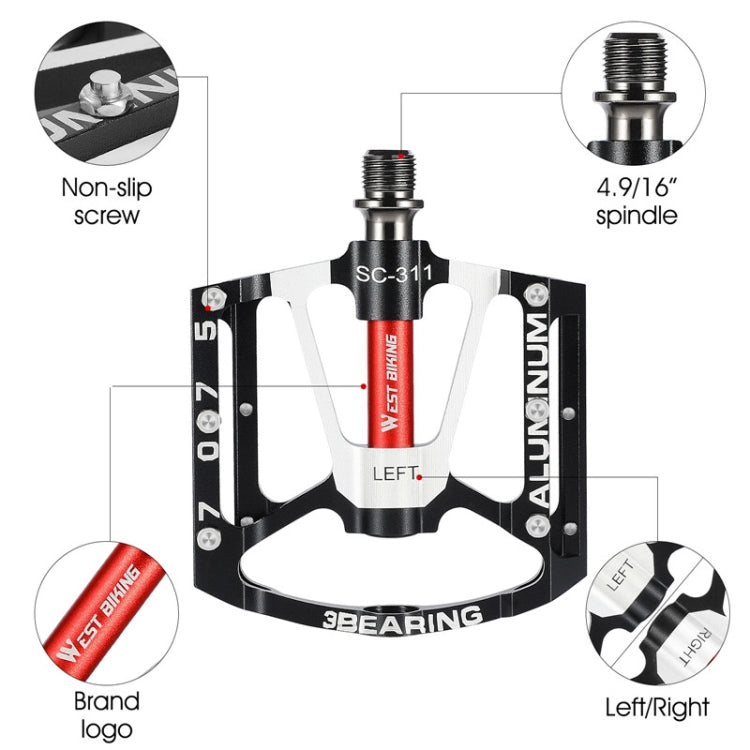 1pair WEST BIKING YP0802083 Mountain Bike Aluminum Alloy Pedal Lightweight Bearing Foot Pedal(Black) - Pedals by WEST BIKING | Online Shopping UK | buy2fix