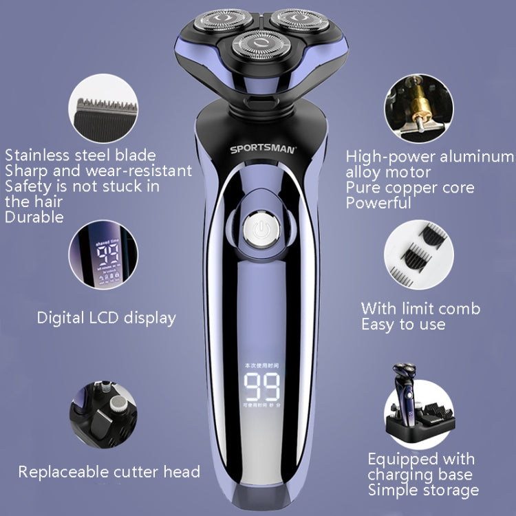 Sportsman SM-530 Electric Men Shaving Knife Multi-Function Base Charging Digital Water Washing Razor, Specification: US Plug(Purple) - Electric Shavers by SPORTSMAN | Online Shopping UK | buy2fix