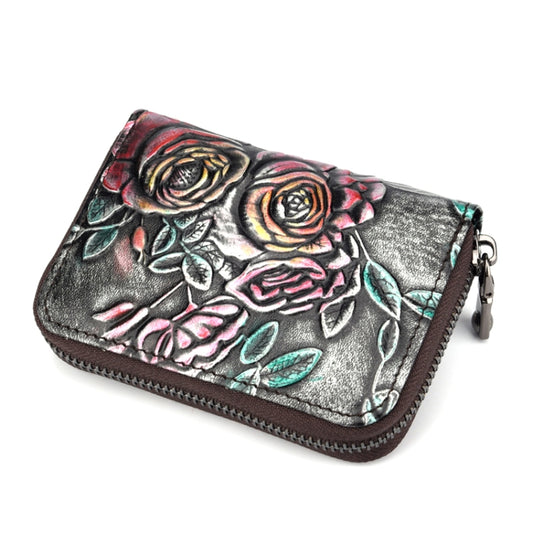 Zip Multi-card Hand-painted Organ Leather Card Holder(Silver) - Card & Passport Bags by buy2fix | Online Shopping UK | buy2fix