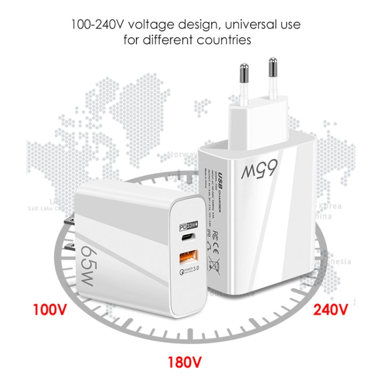 A502 65W USB-C/Type-C+USB Dual Port GaN Charger QC3.0 Laptop Universal Charger EU Plug White - USB Charger by buy2fix | Online Shopping UK | buy2fix