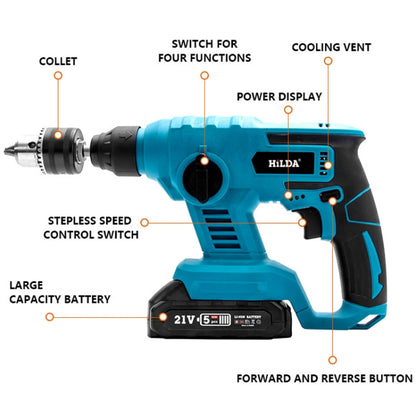 HILDA 12pcs /Set Li-Ion Power Hammer Electrical Impact Drill, Model: 2 Battery+1 Charger US Plug - Drill & Drill Bits by HILDA | Online Shopping UK | buy2fix