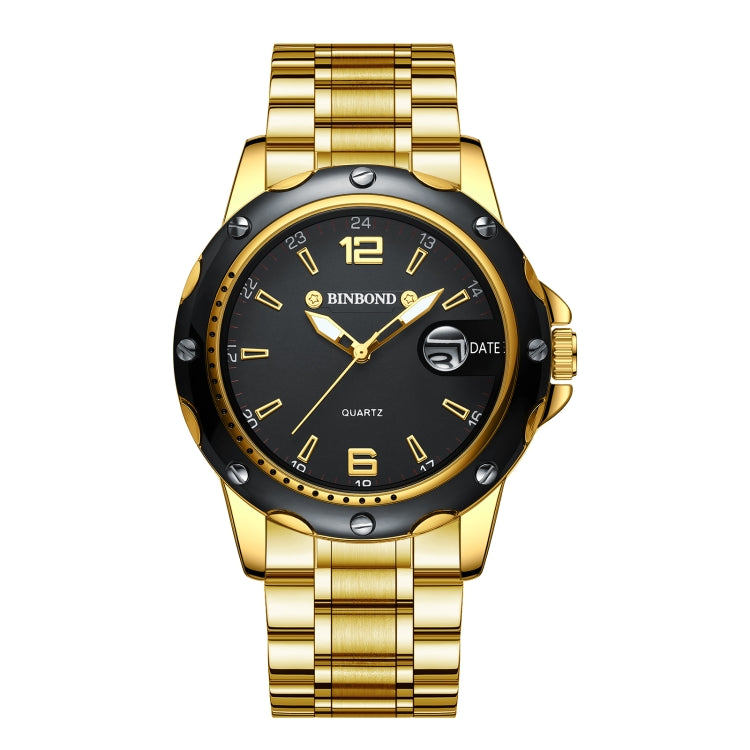 BINBOND B9696 Outdoor Calendar Luminous Waterproof Quartz Watch, Color: Full Gold-Black-Gold Nail - Metal Strap Watches by BINBOND | Online Shopping UK | buy2fix