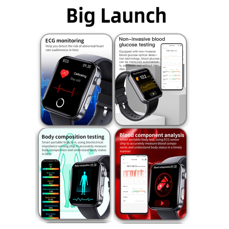 F300  2.1-Inch Screen Smart Watch Supports Bluetooth Calls/ECG/Blood Composition Analysis/50+ Sports Modes, Color: Black Gray Silicone - Smart Watches by buy2fix | Online Shopping UK | buy2fix