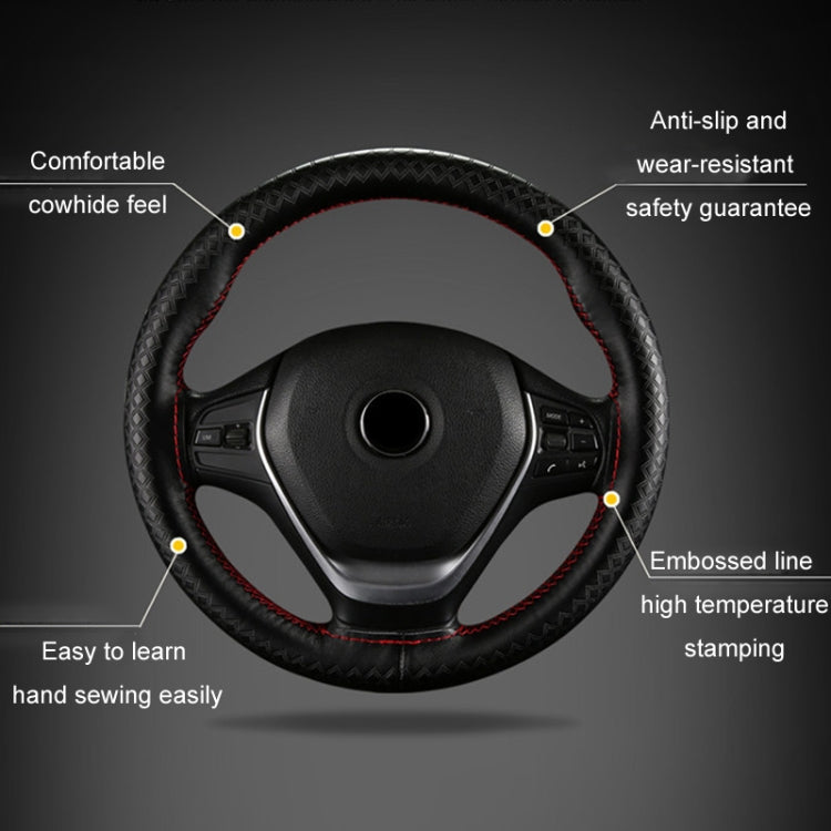 38cm Four-season Embossed Hand-sewn Cowhide Steering Wheel Cover(Black+Red Line) - Steering Wheel Accessories by buy2fix | Online Shopping UK | buy2fix