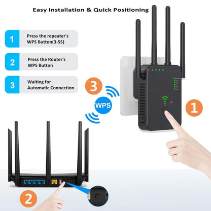 Urant U10 1200Mbps 2.4G & 5.8G Wireless Repeater WiFi Signal Amplifier With 4 Antenna US Plug Black - Broadband Amplifiers by Urant | Online Shopping UK | buy2fix