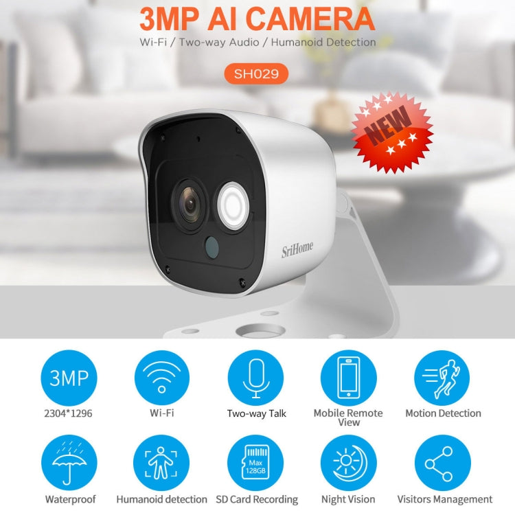 SriHome SH029 3.0 Million Pixels 1296P HD AI Camera, Support Two Way Talk / Motion Detection / Humanoid Detection / Night Vision / TF Card, AU Plug - Security by SriHome | Online Shopping UK | buy2fix