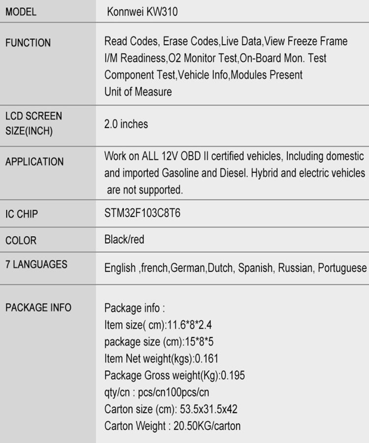 KONNWEI KW310 OBD Car Fault Detector Code Reader ELM327 OBD2 Scanner Diagnostic Tool(Black) - Code Readers & Scan Tools by KONNWEI | Online Shopping UK | buy2fix