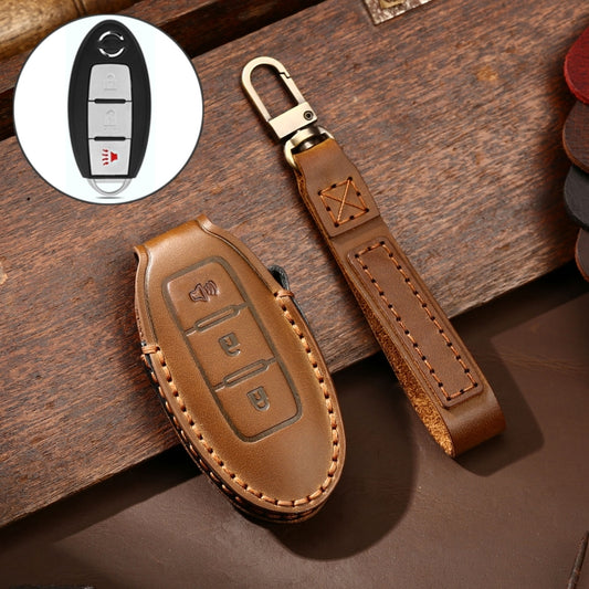 Hallmo Car Cowhide Leather Key Protective Cover Key Case for Nissan Sylphy 3-button Horn(Brown) - Car Key Cases by Hallmo | Online Shopping UK | buy2fix