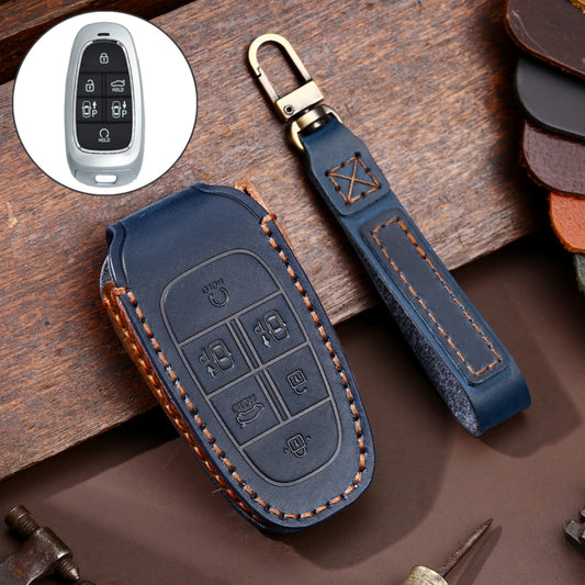 Hallmo Car Cowhide Leather Key Protective Cover Key Case for Hyundai 6-button(Blue) - In Car by Hallmo | Online Shopping UK | buy2fix