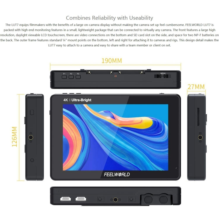 FEELWORLD LUT7 1920x1200 2200 nits 7 inch IPS Screen HDMI 4K Touch Screen Camera Field Monitor - On-camera Monitors by FEELWORLD | Online Shopping UK | buy2fix