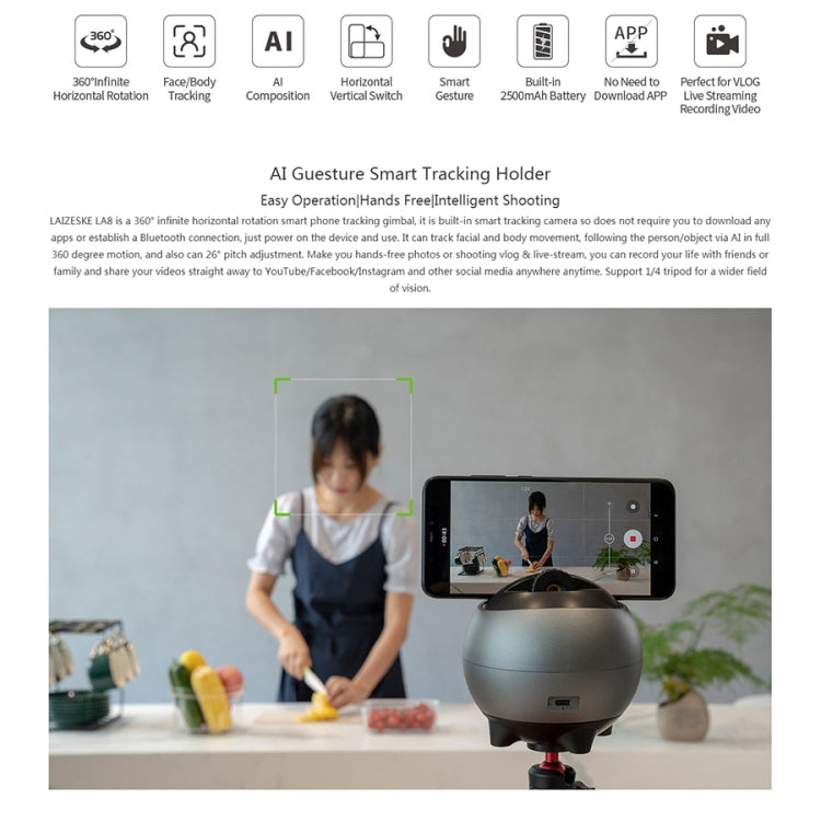 LAIZESKE LA8 Smart Robot Cameraman 360 Degree Auto Tracking Phone Holder (Grey) - Camera Accessories by buy2fix | Online Shopping UK | buy2fix