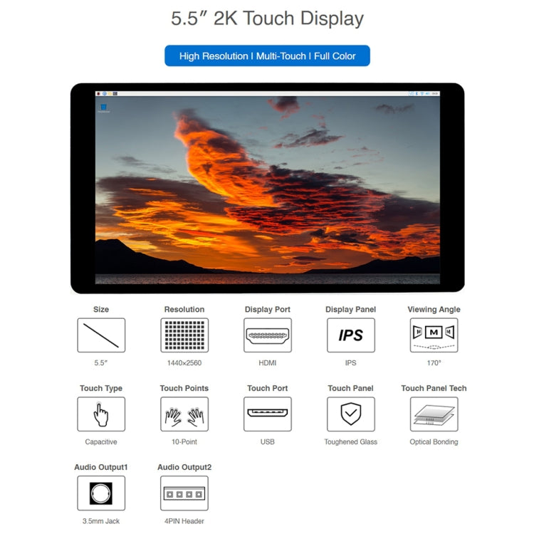 Waveshare 5.5 inch 1440 x 2560 2K Capacitive Touch LCD Display IPS Screen for Raspberry Pi , HDMI Interface - Modules Expansions Accessories by WAVESHARE | Online Shopping UK | buy2fix