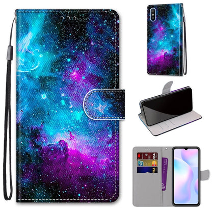For Xiaomi Redmi 9A Coloured Drawing Cross Texture Horizontal Flip PU Leather Case with Holder & Card Slots & Wallet & Lanyard(Purple Green Starry Sky) - Xiaomi Cases by buy2fix | Online Shopping UK | buy2fix