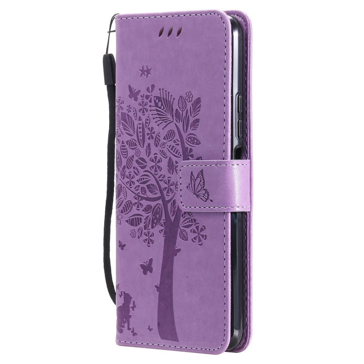 For Xiaomi Mi 11 Lite 5G Tree & Cat Pattern Pressed Printing Horizontal Flip PU Leather Case with Holder & Card Slots & Wallet & Lanyard(Light Purple) - Xiaomi Cases by Diaobaolee | Online Shopping UK | buy2fix