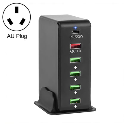 6 in 1 65W PD USB-C / Type-C + QC 3.0 USB + 4 USB Multi-port Travel Charger, AU Plug(Black) - Mobile Accessories by buy2fix | Online Shopping UK | buy2fix