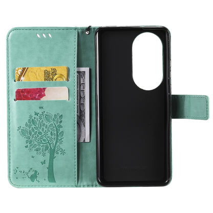 For Huawei P50 Pro Tree & Cat Pattern Pressed Printing Horizontal Flip PU Leather Case with Holder & Card Slots & Wallet & Lanyard(Green) - Huawei Cases by buy2fix | Online Shopping UK | buy2fix