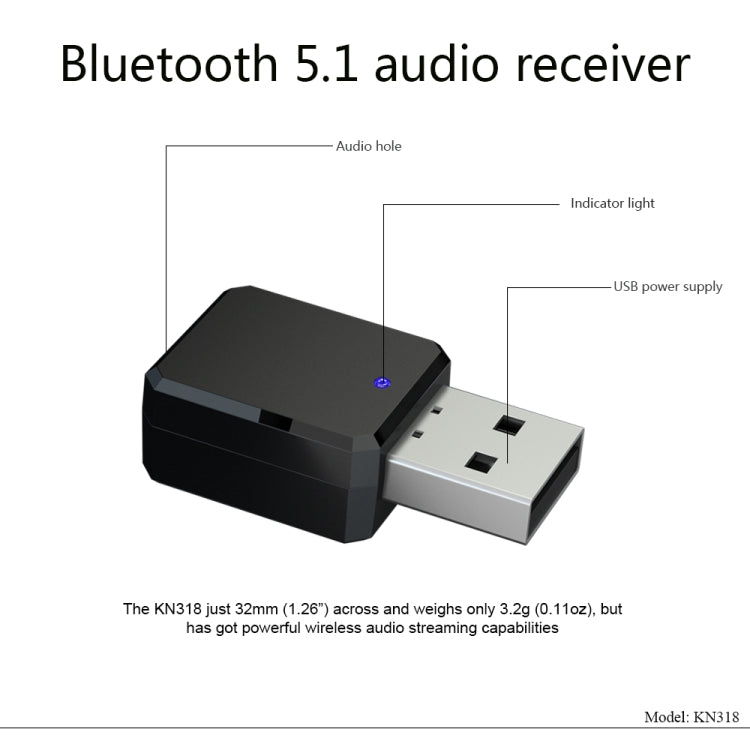 KN318 USB Bluetooth 5.1 Adapter Audio Receiver -  by buy2fix | Online Shopping UK | buy2fix