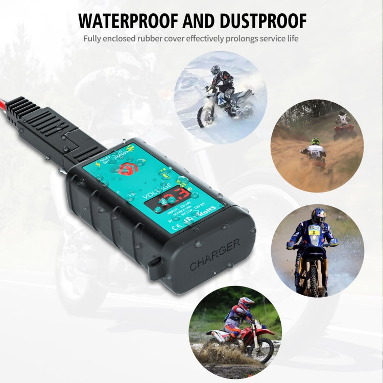 WUPP ZH-1422A3 DC12-24V Motorcycle Square Dual USB Fast Charging Charger with Switch + Voltmeter + Integrated SAE Socket + 1.4m OT Terminal Cable - Battery Charger by WUPP | Online Shopping UK | buy2fix