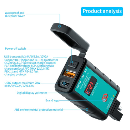 WUPP ZH-1422B1 DC12-24V Motorcycle Square Single USB + PD Fast Charging Charger with Switch + Voltmeter + Integrated SAE Socket - In Car by WUPP | Online Shopping UK | buy2fix