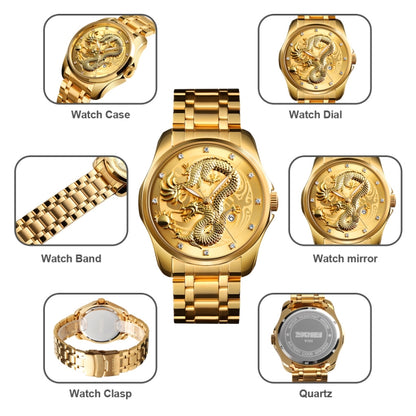SKMEI 9193 Men Golden Dragon Pattern Calendar Dial Luminous Quartz Watch(Silver Black) - Metal Strap Watches by SKMEI | Online Shopping UK | buy2fix