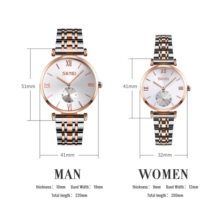 SKMEI 9198 Simple Roman Numeral Dial Metal Belt Quartz Watch for Couples(Rose Gold Black Men) - Couple Watches by SKMEI | Online Shopping UK | buy2fix