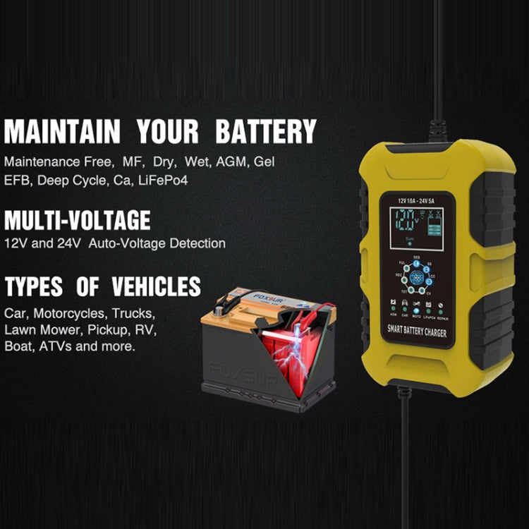 FOXSUR 10A 12V 7-segment Motorcycle / Car Smart Battery Charger, Plug Type:US Plug(Yellow) - Battery Charger by FOXSUR | Online Shopping UK | buy2fix