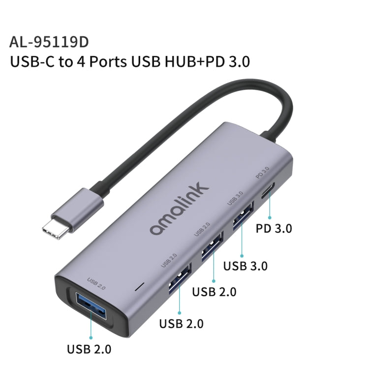 amalink 95119D Type-C / USB-C to 4 Ports USB + PD 3.0 Multi-function HUB Docking Station(Grey) - USB HUB by amalink | Online Shopping UK | buy2fix