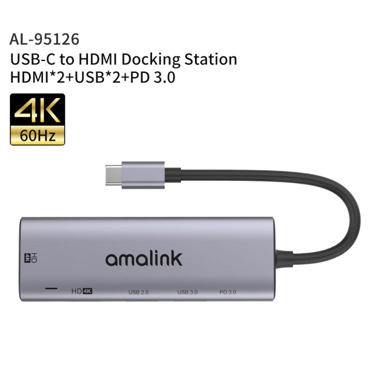 amalink 95126 Type-C / USB-C to Dual HDMI + 2 Ports USB + PD 3.0 Multi-function HUB(Grey) - Computer & Networking by amalink | Online Shopping UK | buy2fix