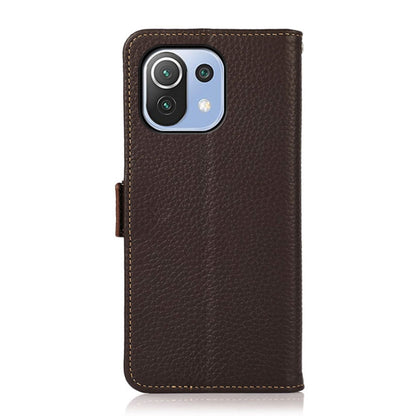 For Xiaomi Mi 11 Lite 5G / Mi 11 Lite KHAZNEH Side-Magnetic Litchi Genuine Leather RFID Phone Case(Brown) - Xiaomi Cases by buy2fix | Online Shopping UK | buy2fix