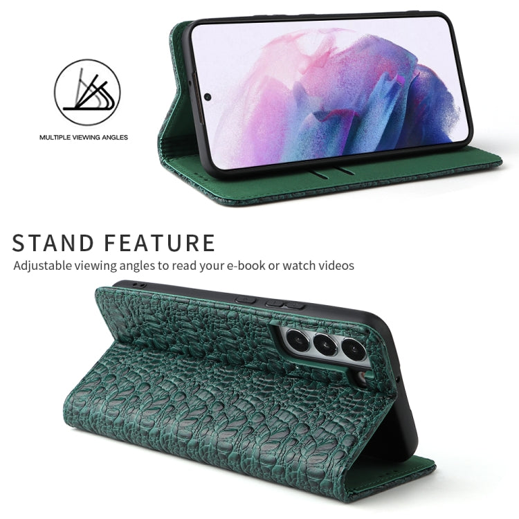 For Samsung Galaxy S22 5G Fierre Shann Crocodile Texture Magnetic Genuine Leather Phone Case(Green) - Galaxy S22 5G Cases by FIERRE SHANN | Online Shopping UK | buy2fix