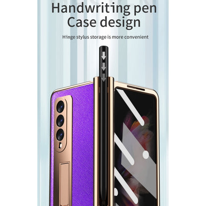 For Samsung Galaxy Z Fold3 Cross Texture Integrated Electroplating Hinge Flip Phone Case with Pen Slot(Purple) - Galaxy Phone Cases by buy2fix | Online Shopping UK | buy2fix