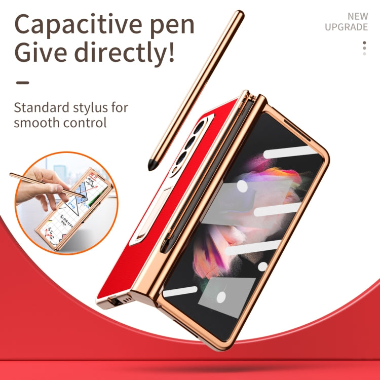 For Samsung Galaxy Z Fold3 5G Litchi Texture Leather Hinged Electroplated Phone Case with S Pen Fold Edition & Protective Film(Red) - Galaxy Phone Cases by buy2fix | Online Shopping UK | buy2fix