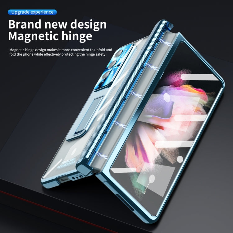 For Samsung Galaxy Z Fold3 5G Magnetic Hinges Plating Phone Case with Holder(Blue) - Galaxy Phone Cases by buy2fix | Online Shopping UK | buy2fix