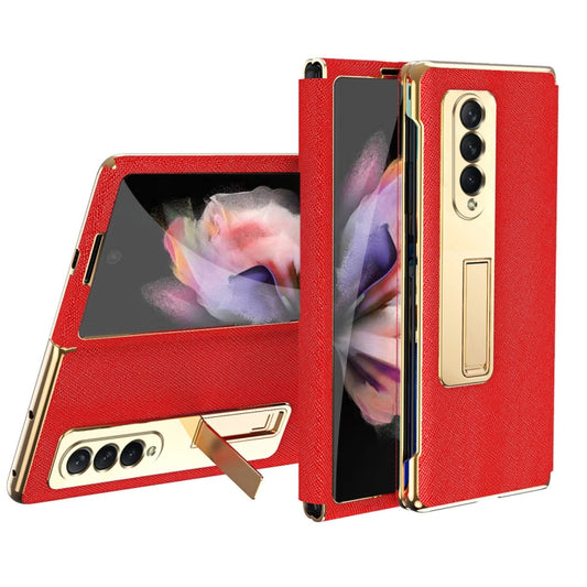 For Samsung Galaxy Z Fold4 Cross Texture Integrated Electroplating Hinge Flip Phone Case with Tempered Film(Red) - Galaxy Z Fold4 5G Cases by buy2fix | Online Shopping UK | buy2fix