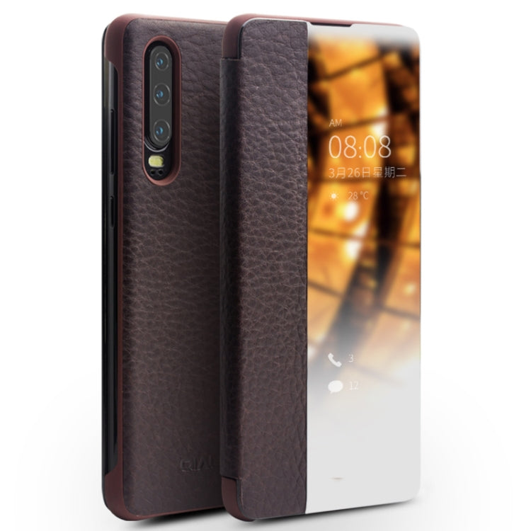 For Huawei P30 QIALINO Genuine Leather Side Window View Smart Phone Case(Brown) - Huawei Cases by QIALINO | Online Shopping UK | buy2fix