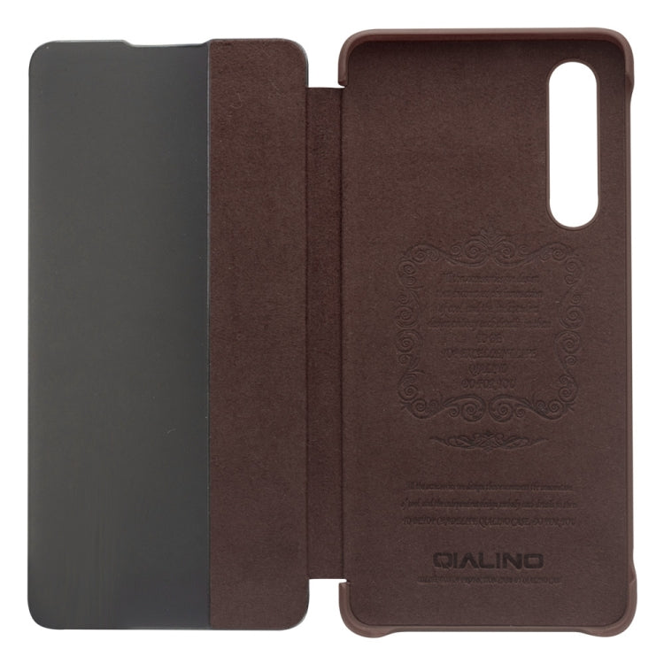 For Huawei P30 QIALINO Genuine Leather Side Window View Smart Phone Case(Brown) - Huawei Cases by QIALINO | Online Shopping UK | buy2fix