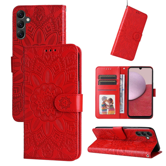 For Samsung Galaxy A14 5G Embossed Sunflower Leather Phone Case(Red) - Galaxy Phone Cases by buy2fix | Online Shopping UK | buy2fix