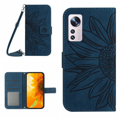 For Xiaomi 12 / 12X Skin Feel Sun Flower Pattern Flip Leather Phone Case with Lanyard(Inky Blue) - 12 Cases by buy2fix | Online Shopping UK | buy2fix