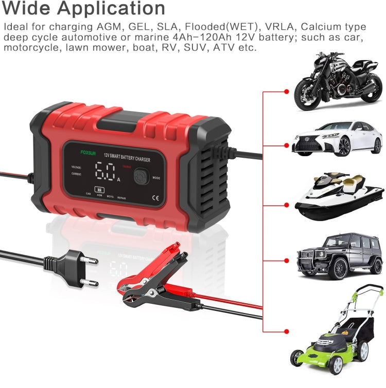 FOXSUR 6A 12V Motorcycle / Car Smart Battery Charger, Plug Type:EU Plug(Red) - Battery Charger by FOXSUR | Online Shopping UK | buy2fix