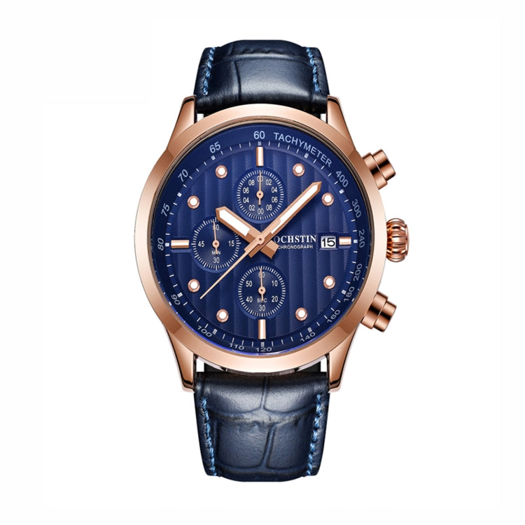 Ochstin 6042B Multifunctional Business Leather Waterproof Luminous Quartz Men Watch(Rose Gold+Blue) - Leather Strap Watches by OCHSTIN | Online Shopping UK | buy2fix