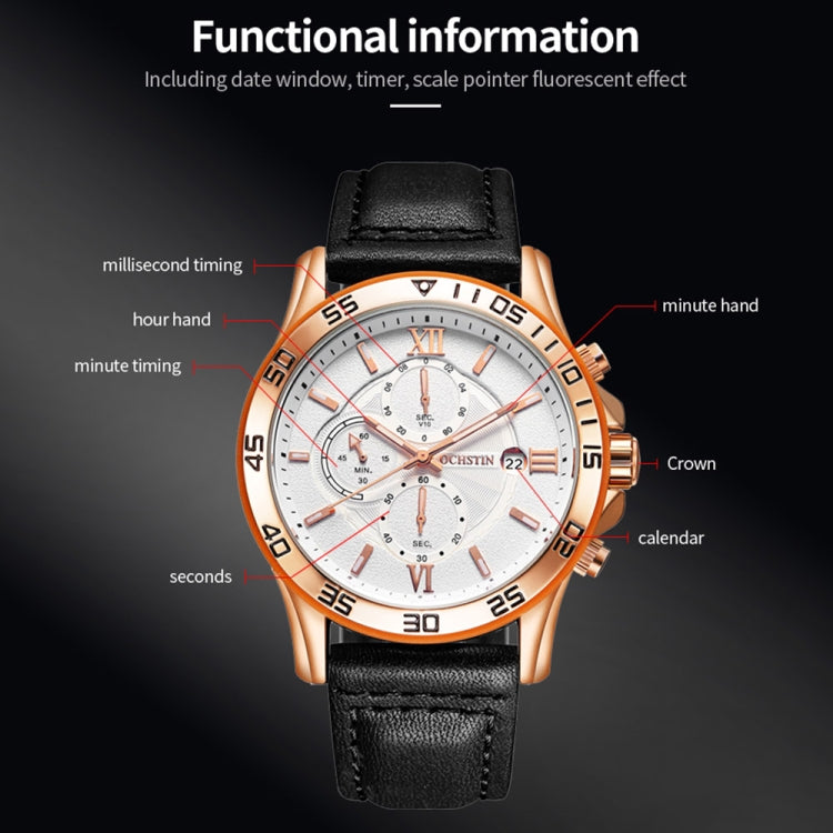 OCHSTIN 6068A Multifunctional Quartz Waterproof Luminous Men Watch(Rose Gold+White+Black) - Leather Strap Watches by OCHSTIN | Online Shopping UK | buy2fix