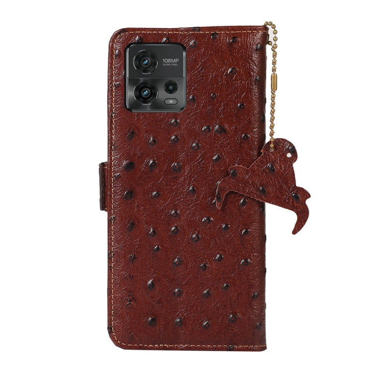 For Motorola Moto G72 4G Ostrich Pattern Genuine Leather RFID Phone Case(Coffee) - Motorola Cases by buy2fix | Online Shopping UK | buy2fix