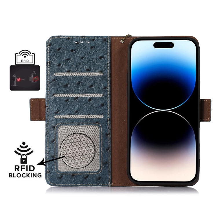 For Samsung Galaxy A04e Ostrich Pattern Genuine Leather RFID Phone Case(Blue) - Galaxy Phone Cases by buy2fix | Online Shopping UK | buy2fix