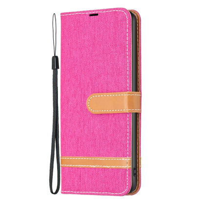 For Xiaomi Redmi 12C Color Block Denim Texture Leather Phone Case(Rose Red) - Xiaomi Cases by buy2fix | Online Shopping UK | buy2fix