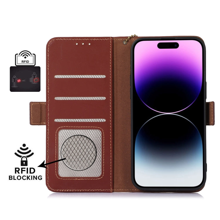 For OnePlus Nord CE 3 Lite Genuine Leather Magnetic RFID Leather Phone Case(Coffee) - OnePlus Cases by buy2fix | Online Shopping UK | buy2fix