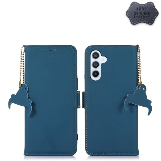 For Samsung Galaxy A24 4G Genuine Leather Magnetic RFID Leather Phone Case(Blue) - Galaxy Phone Cases by buy2fix | Online Shopping UK | buy2fix