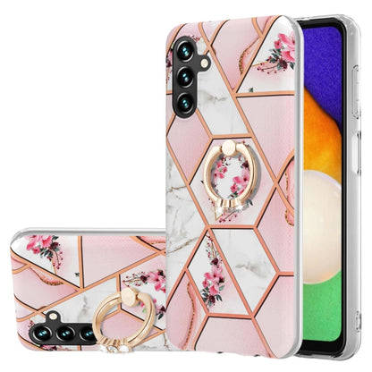 For Samsung Galaxy A54 5G Splicing Marble Flower IMD TPU Phone Case with Ring Holder(Pink Flower) - Galaxy Phone Cases by buy2fix | Online Shopping UK | buy2fix