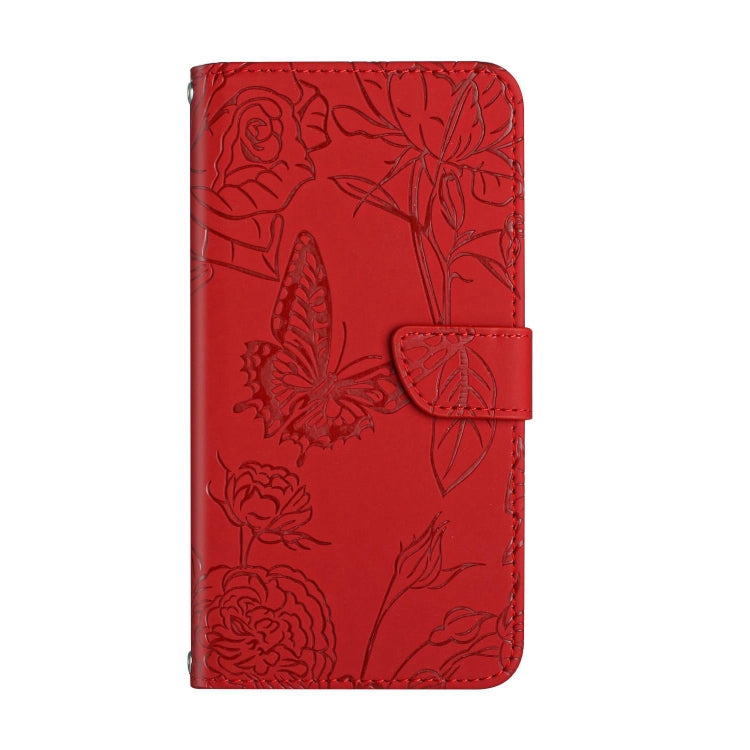 For Xiaomi Poco F5 HT03 Skin Feel Butterfly Embossed Flip Leather Phone Case(Red) - Xiaomi Cases by buy2fix | Online Shopping UK | buy2fix