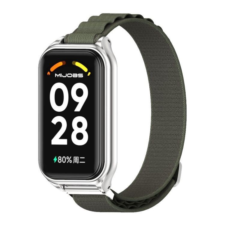 For Xiaomi Smart Band 8 Active / Redmi Band 2 Mijobs Metal Shell Nylon Breathable Watch Band(khaki Green Silver) - Watch Bands by MIJOBS | Online Shopping UK | buy2fix